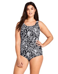 NEW Lands End Tugless Tank One Piece Swimsuit Black White ...