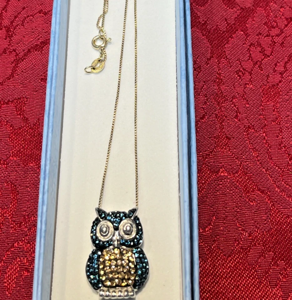 Collar colgante vintage de plata de ley .925 S zafiro azul y amarillo búho 20" L Foto 2 de 4