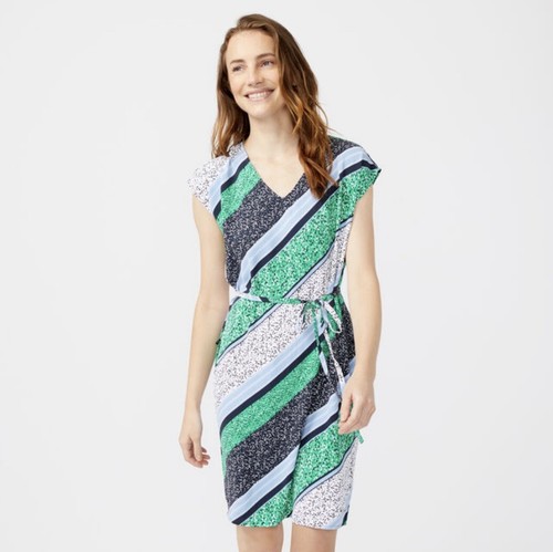NAUTICA Women’s Multi Print Striped Bias Dress Waist Tie Belt Cap Sleeve Size S - Picture 2 of 14