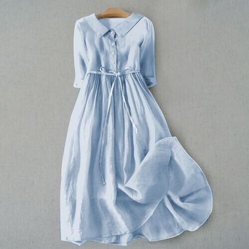 Damen fest Plissee gebunden Kleid Sommer Revers Knopf Baumwolle lang Freizeitkleid - Bild 3 von 42