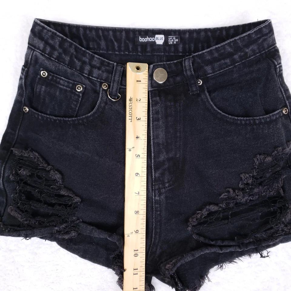 Shorts jeans azul Boohoo cintura alta desgastado EUA 4 preto Y2K indie sleaze - Imagem 3 de 4