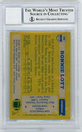 Ronnie Lott 1982 Topps Autographed Card #486 - BGS 10 - Picture 2 of 2