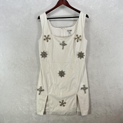 Fashion Nova Dress Womens 1X Cream Faux Leather Cross Beaded Mini Bodycon
