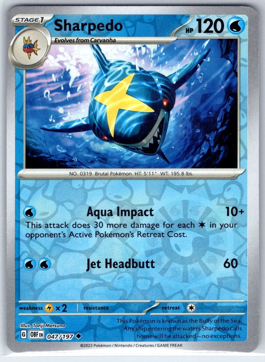 Sharpedo 047/197 Uncommon Obsidian Flames Pokemon Reverse Holo Lightly Played
