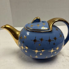 1950s Hall Periwinkle Blue Gold Atomic Starburst Mid Century Modern 6 Cup Teapot