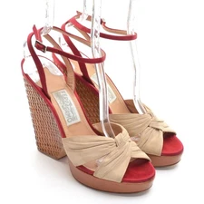 Ladies Salvatore Ferragamo Ankle Strap Wedge Heels 8.5 B Tan Red Sandals Shoes