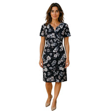 Adrianna Papell Midi Dress sz 8 Women Faux Wrap Floral Black Blue Sheath Wedding