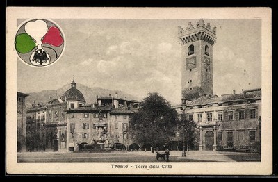 Ansichtskarte Trento, Torre della Città e piazza con fontana e alberi 