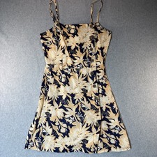 Linen Tropical Sun Dress Womens S Blue Leaf Print Button Front Summer Beach Cute