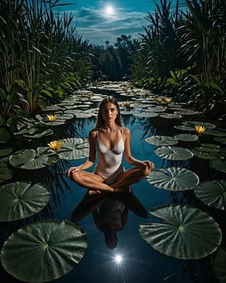 Serene Woman Meditating Lotus Pond Moonlight Water Lilies Fantasy Art Print