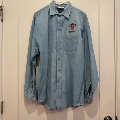 Vintage Jim Beam Bourbon Whiskey Denim Shirt Mens Large Blue Crystal Springs L/S