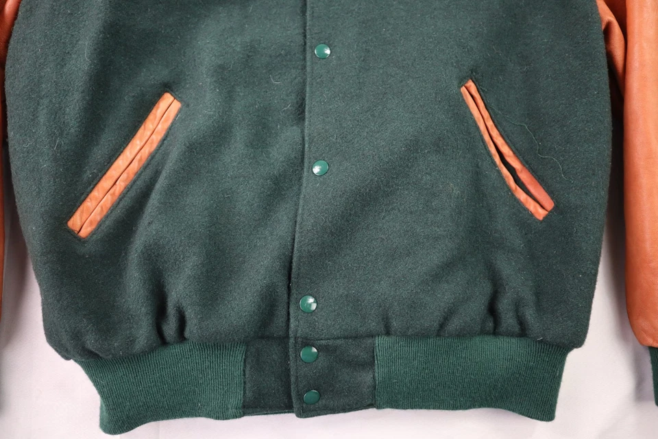 USA 50 XL Blank Varsity Letterman Leather Wool Bomber Jacket Green Brown - Image 2 of 4
