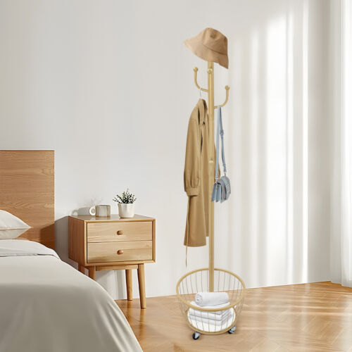 Coat Rack, Entryway Coat Hanger Stand with Storage Basket, Standing Coat Rack