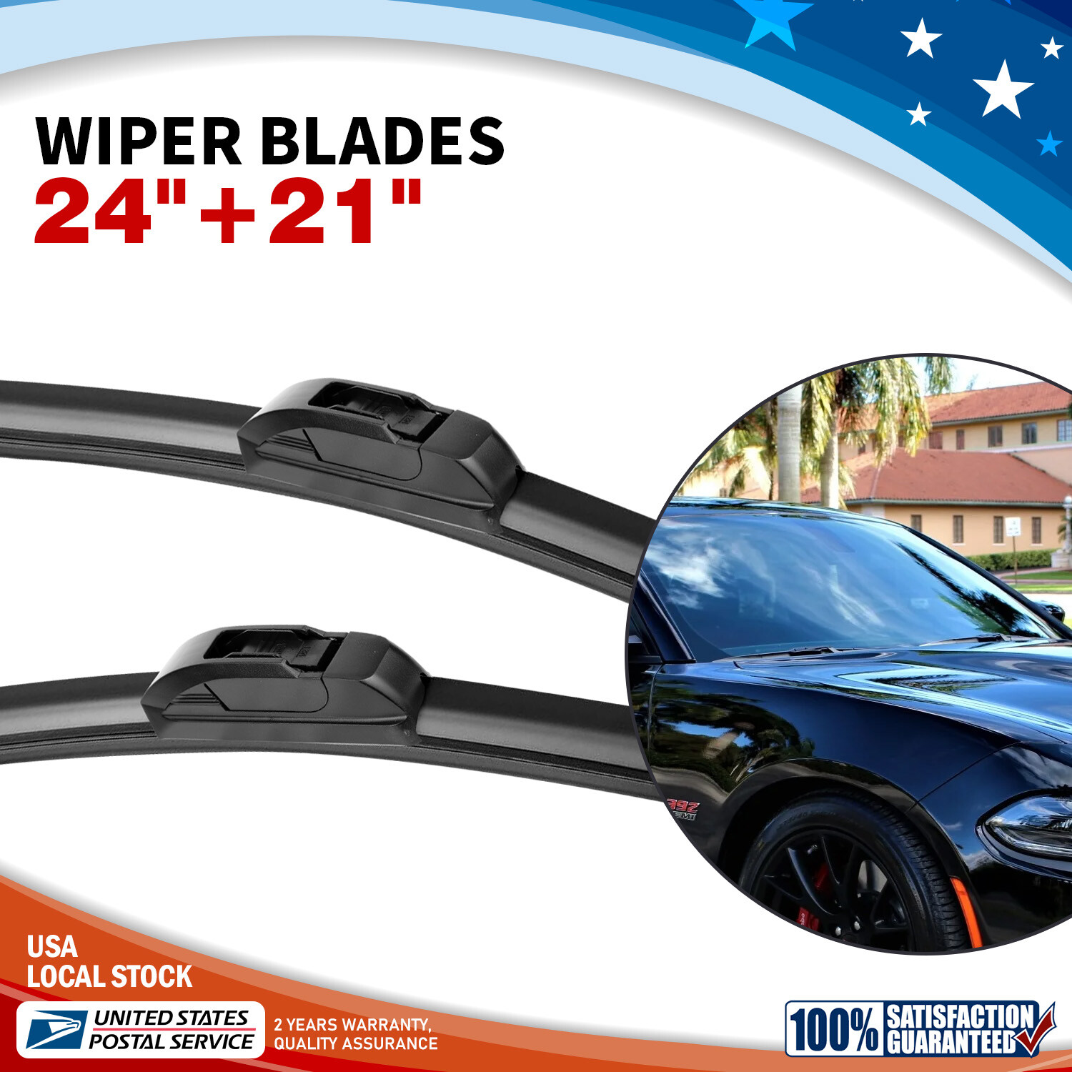 24 + 21 Inch Bracketless J-Hook Windshield Wiper Blades All Season Durable Pair