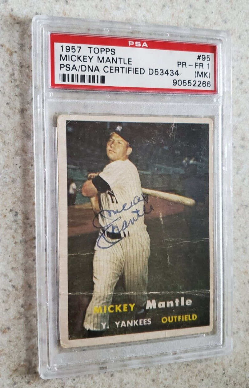 1957 TOPPS #95- Mickey Mantle SIGNED Auto PSA/DNA - Card Grade PSA 1 PR-FR (MK)