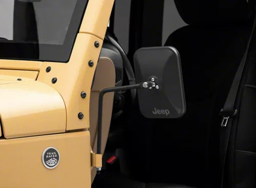 OLJ 66-18 CJ5/ CJ7/Wrangler YJ/ TJ/JK Adv Mirrors w/Engraved Jeep Logo-Txt Blk