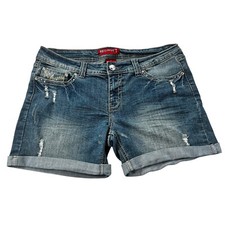 Red Rivet Denim Shorts Distressed Cuffed Hem Medium Wash Rhinestones Juniors 13