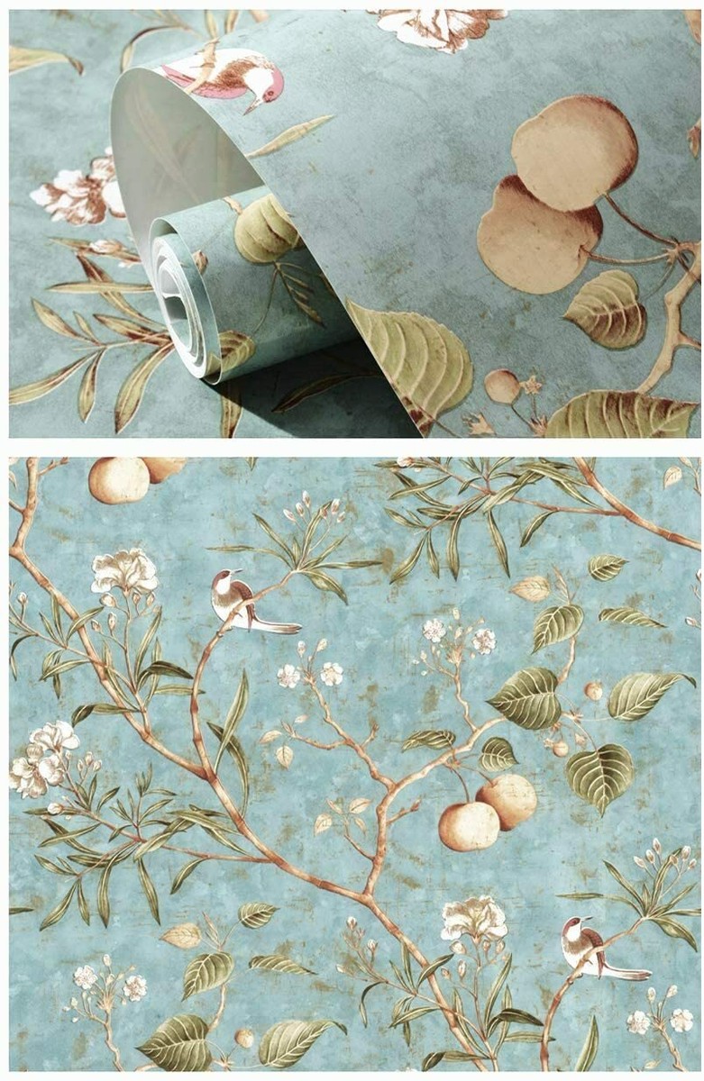 Non-woven Vintage Light Cyan Flower Trees Birds Wallpaper