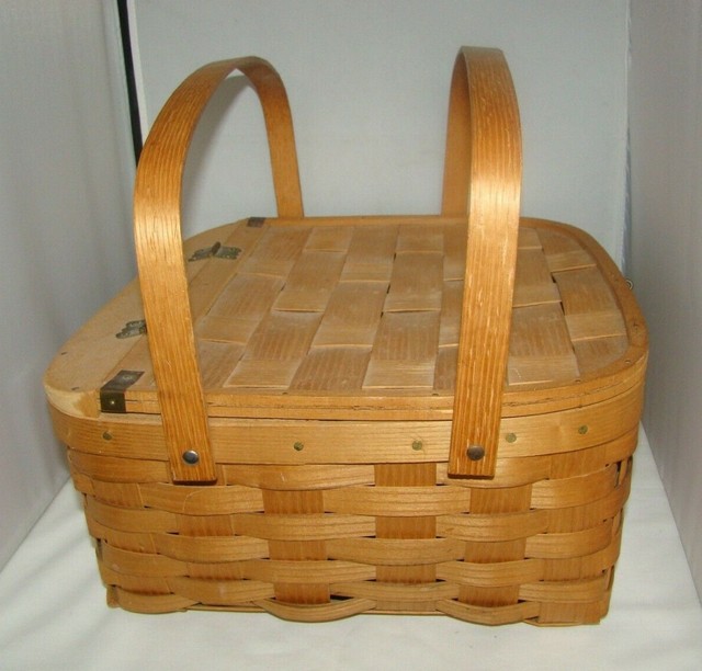 Vintage Square Wooden Woven Picnic Basket Hinged Lid MINT 13" x 6 1/4