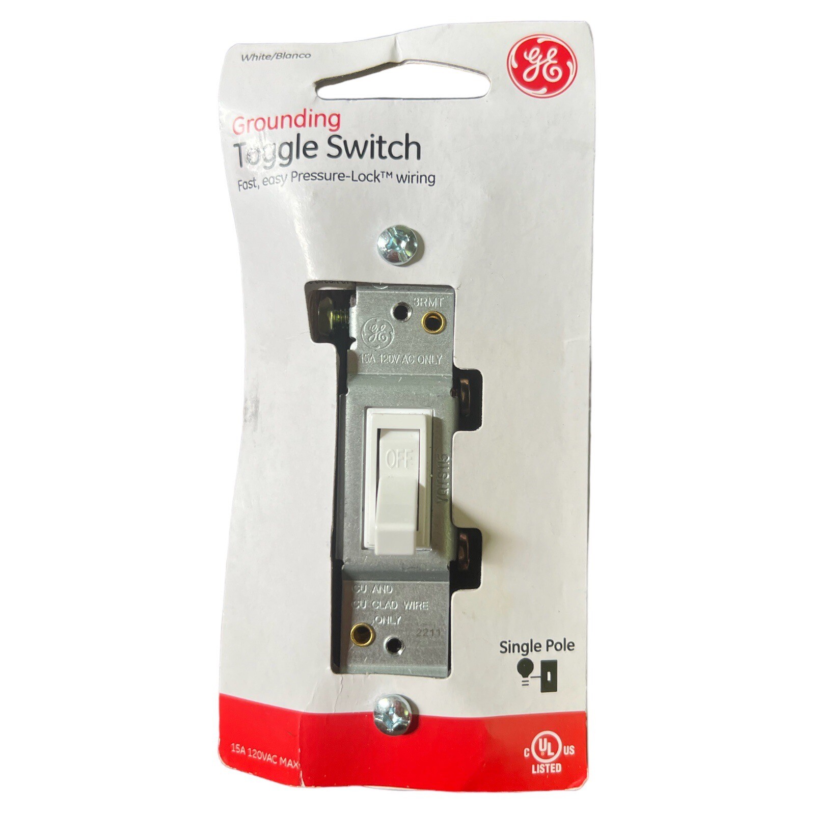 GE 54161 Single Pole Toggle Light Switch, 120V 15A, White, Grounding - NEW