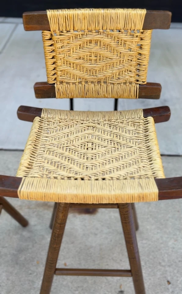 Mid-Century Victor Courtray Style Zebra Wood Woven Swivel Bar Stools - a Pair - Image 3 of 4