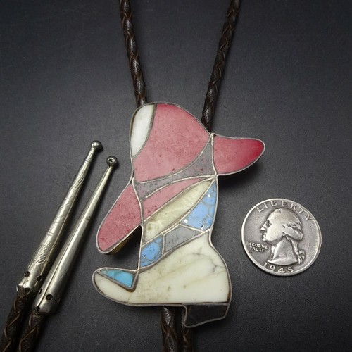 Vintage COWBOY Hat Boot SOUTHWESTERN Sterling Silver BOLO TIE Inlaid Stones - Picture 8 of 8
