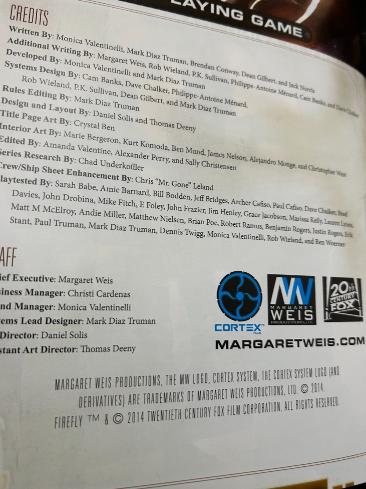 Firefly Role-Playing Game Core Book Cortex Weis Publishing Excellent