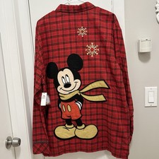 Disney Store Mickey Mouse Red Flannel Plaid Long Sleeve Button Up Pajama Shirt L