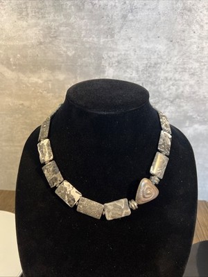 VTG  Map Jasper Slab Statement Necklace Gray Black Stone Artisan Toggle Clasp 18