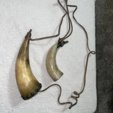 2 Antique  vintage Powder Horns with wood stopper. 8” and 6” 