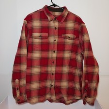 Orvis Mens Heavy Flannel Shirt Hand Warmer Pockets Sz XL Red Plaid 1312517