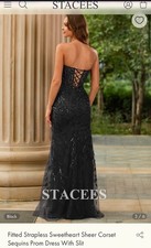 STACEES Black Tulle Strapless Sweetheart Corset Sequin Prom Dress Slit