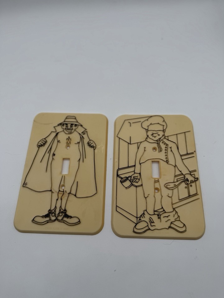 A 1976 novelty 'Flash It Corp.' flasher-themed light switch plate cover — the kind of gloriously weird 70s kitsch that stops guests dead in their tracks.
