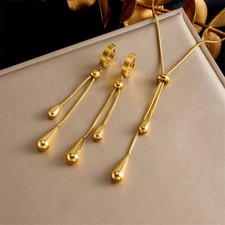 Gold Tone Long Drop Dangle Jewelry Set Necklace  Matching Earrings