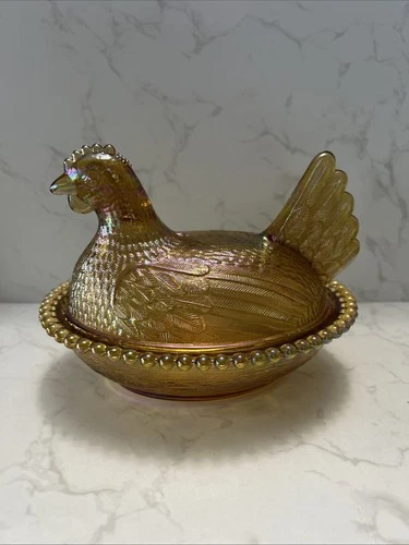 RARE Vtg Indiana Glass 7” Hen on Nest - Golden Carnival Amber Iridescent- MINT