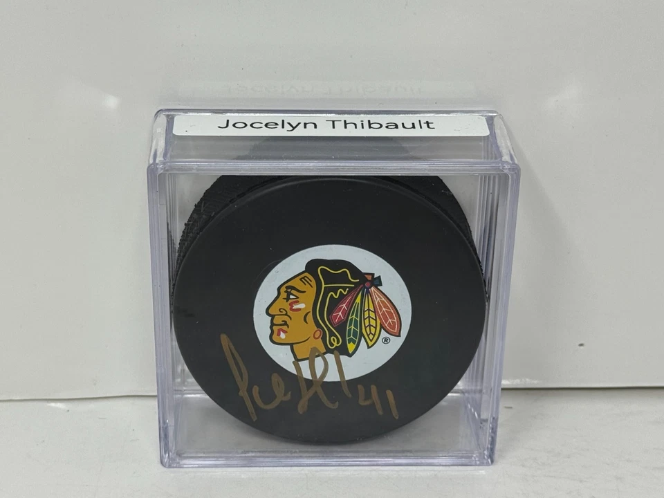 Jocelyn Thibault Chicago Blackhawks Firmado NHL Autógrafo Disco Dorado Automático Foto 3 de 4