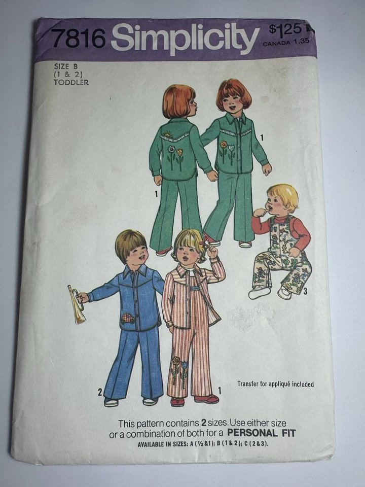 1970's Simplicity Toddlers' Coveralls,Shirt w/Transfer   Pattern 7816  Size 1-2 - Image 3 of 4