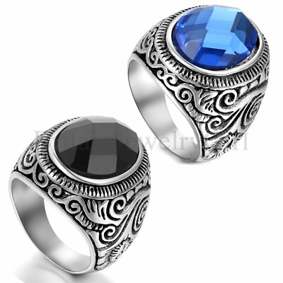 Vintage Men's Stainless Steel Biker Ring With Big Stone Wide Wedding Band #7-15