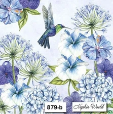(879) TWO Paper Luncheon Decoupage Art Craft Napkins - HUMMINGBIRD BLUE FLORAL