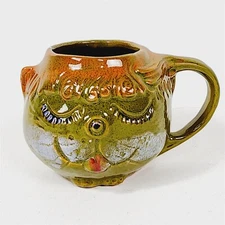 Vintage Pacific Stoneware Green Orange Cat Face Mug B. Welsh Green Folk Art