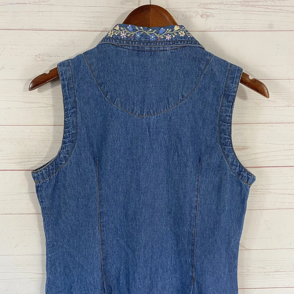 Vintage Jane Ashley Embroidered Maxi Denim Tank Dress M Blue Cotton Vent - Image 3 of 4