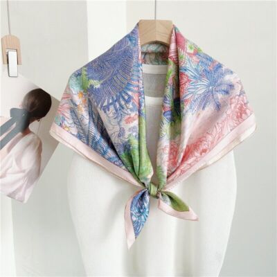 Pure Twill Silk 18 Momme Sand Washed Double Face Scarf Garden Print Shawl 35''