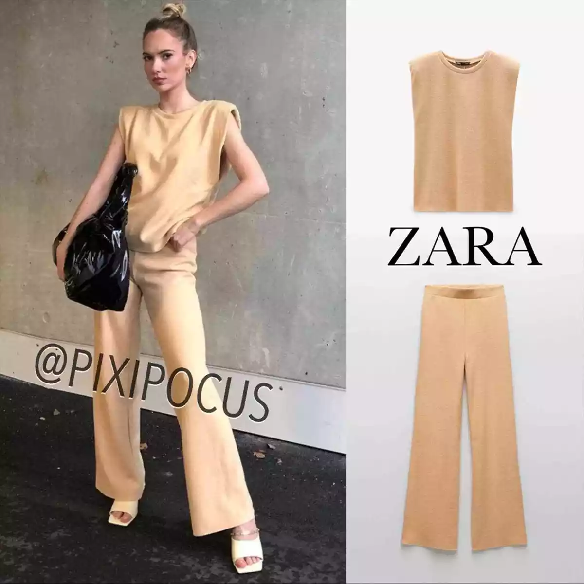 ZARA NEW [ 2 PIECES ] SOFT KNIT LOUNGE SET (TOP + PANTS) PEACHY BEIGE S,M,L