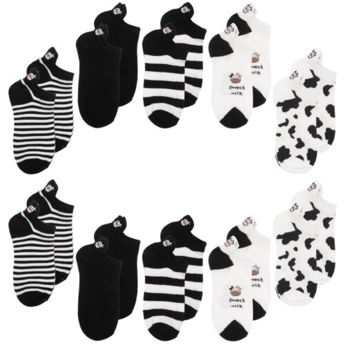  5 Pairs Cotton Cow Socks Miss Black and White Striped for Women - Picture 1 of 12