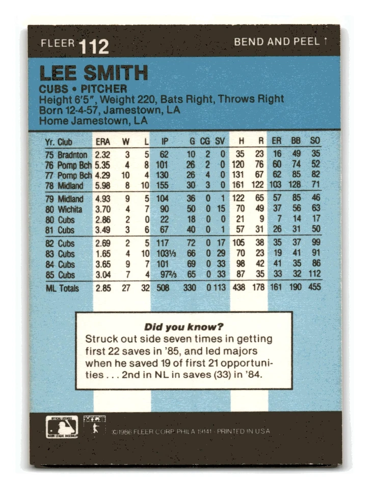Lee Smith 1986 HOF Fleer Star Stickers #112 Chicago Cubs NM-MINT - Image 2 of 2