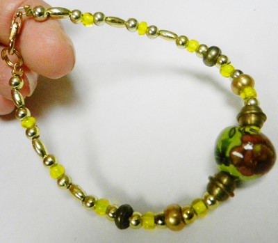 OOAK Artisan Greek  HPTD Rose-Chartreuse Porcelain Bead  &-Brass 7 1/2'' Bracelet
