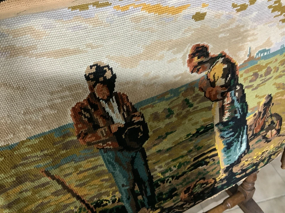 linge ancien Tapisserie Très Ancienne Brodé  L’angélus - Photo 4/4