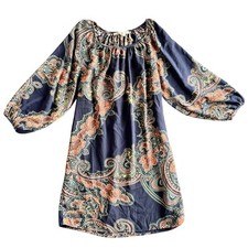 Love21 Paisley Boho Mini Shift Dress Navy Blue Balloon Sleeve Small