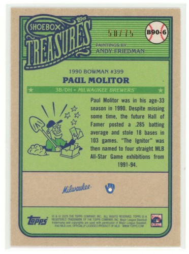 PAUL MOLITOR 2025 Topps Shoebox Treasures Grayscale Filter 1990 Bowman B90-6 /75 - Picture 2 of 2