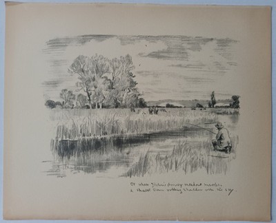 LIONEL EDWARDS SKETCH -FISHING ON THE RIVER ITCHEN - CATTLE- DOWNS - 1931